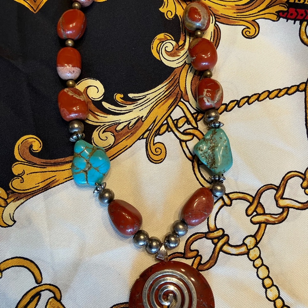 RED JASPER AND AUTHENTIC TURQUOISE SILVER ACCENTS WITH TURQ EARRINGS - Picture 8 of 13